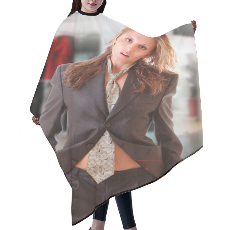 Personality  Young Woman In Office Suite. Fashion Store Hair Cutting Cape