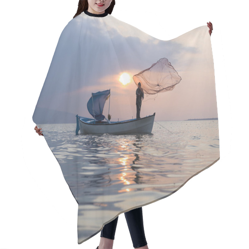 Personality  Fisherman Throught Net To Lake On Sunset Time Hair Cutting Cape