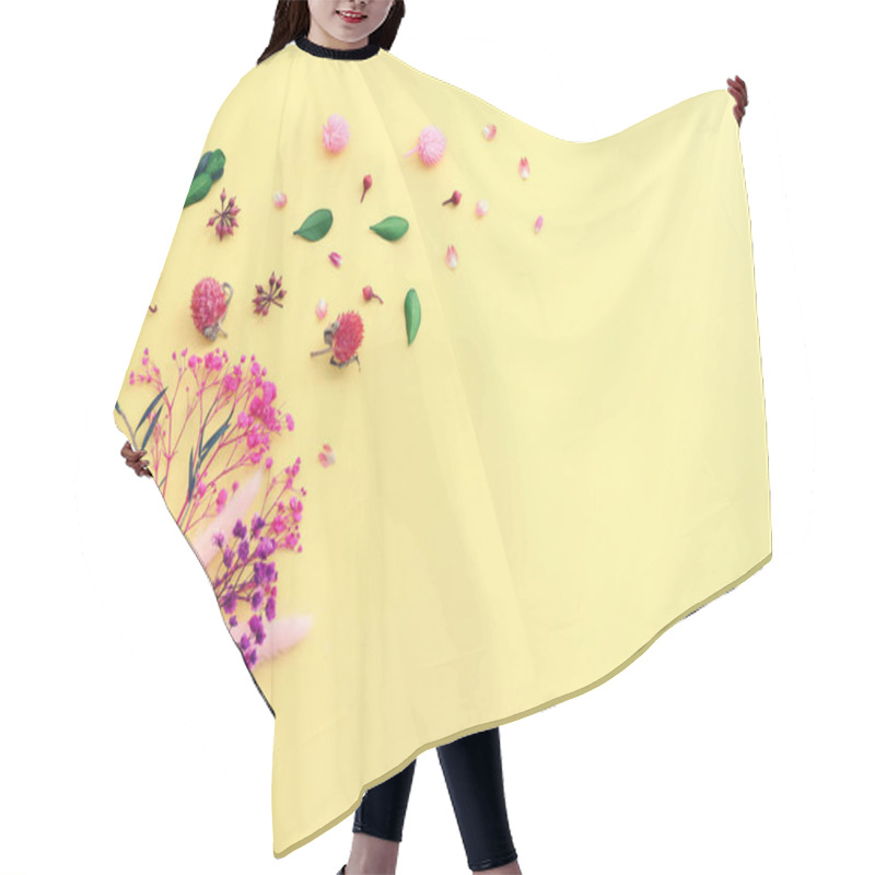 Personality  Top View Image Of Pink, Purple And Green Flowers Composition Over Pastel Yellow Background .Flat Lay Hair Cutting Cape