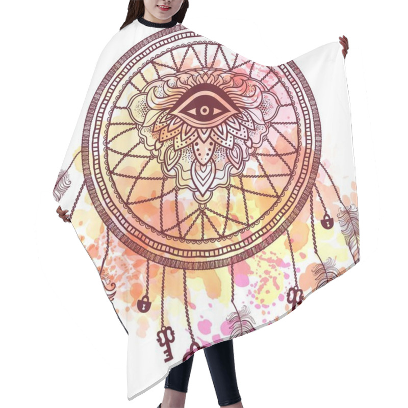 Personality  Native American Indian Talisman Dreamcatcher With Eye, Feathers, Key,lock And Heart. Ethnic,boho Chic, Tribal Symbol. For Coloring Book, Tattoo. Vector Hipster Illustration Watercolor Hair Cutting Cape