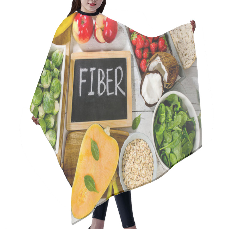 Personality  High Fiber Foods On  Wooden Background. Hair Cutting Cape