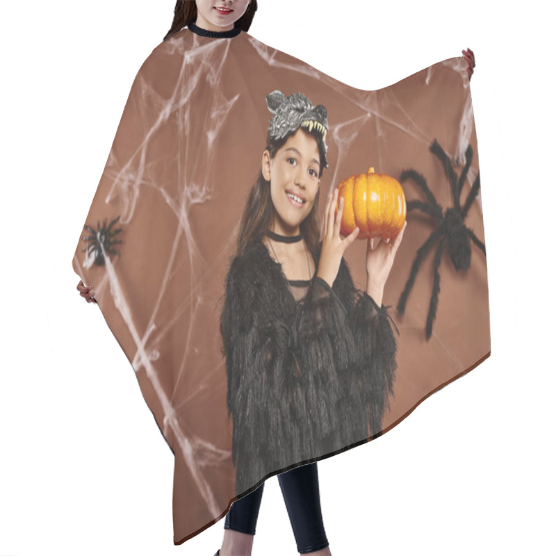 Personality  Preteen Girl Holding Pumpkin In Her Hands Aside On Spiderweb Brown Backdrop, Halloween Concept Hair Cutting Cape