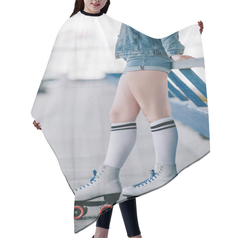 Personality  Partial View Of Stylish Woman In Denim Clothing, High Socks And Retro Roller Skates Hair Cutting Cape