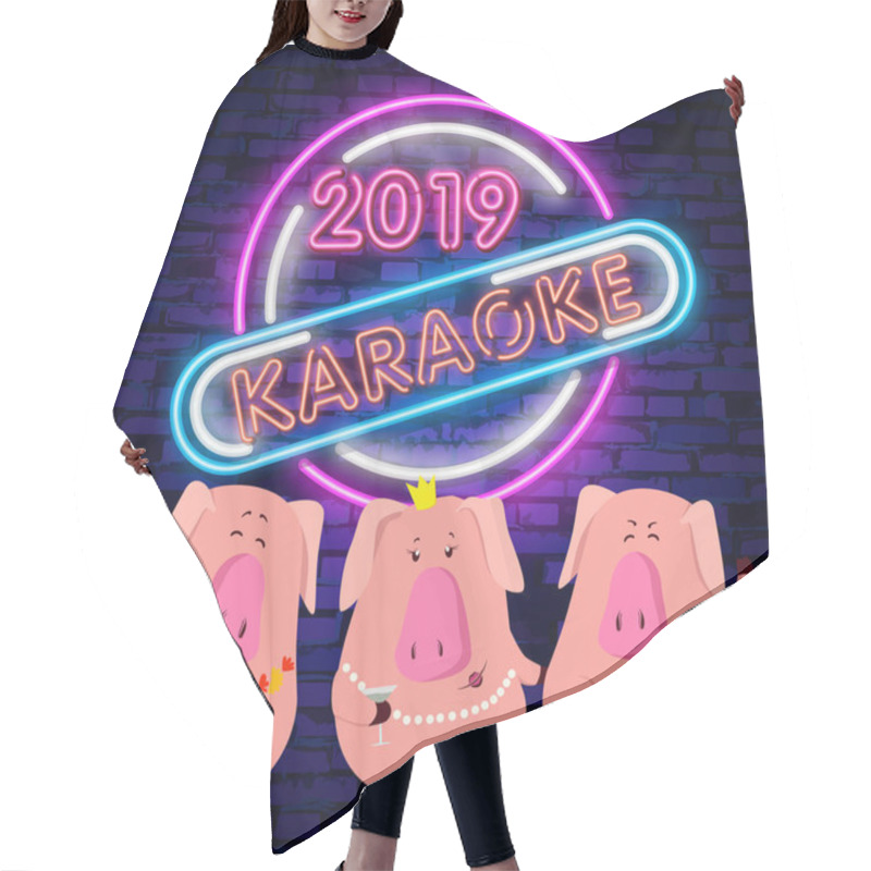 Personality  Neon Signboard Of Karaoke Music Bar. Glowing Street Sign Of A Nightclub With Live Music. Sound Cafe Icon. Rock Show Poster. Vector Illustration. Hair Cutting Cape