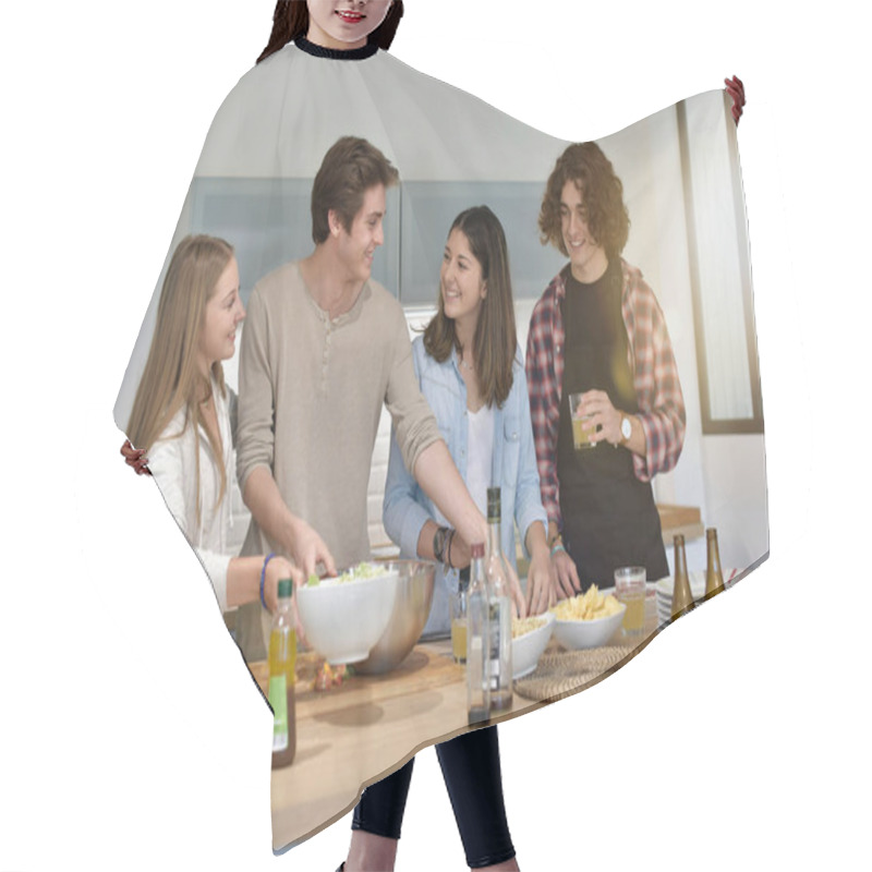 Personality  Flatmates Cooking Together At Home Hair Cutting Cape