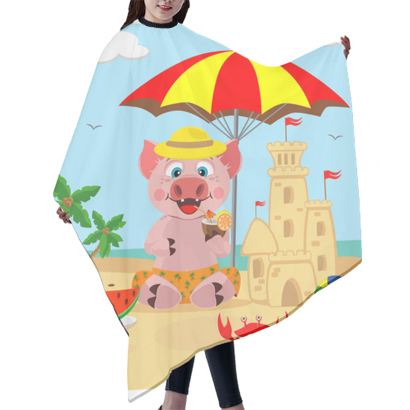 Personality  Pig Builds A Sand Castle On The Beach, Resting On The Sea. Vector Illustration On The Theme Of Rest On The Sea. Hair Cutting Cape