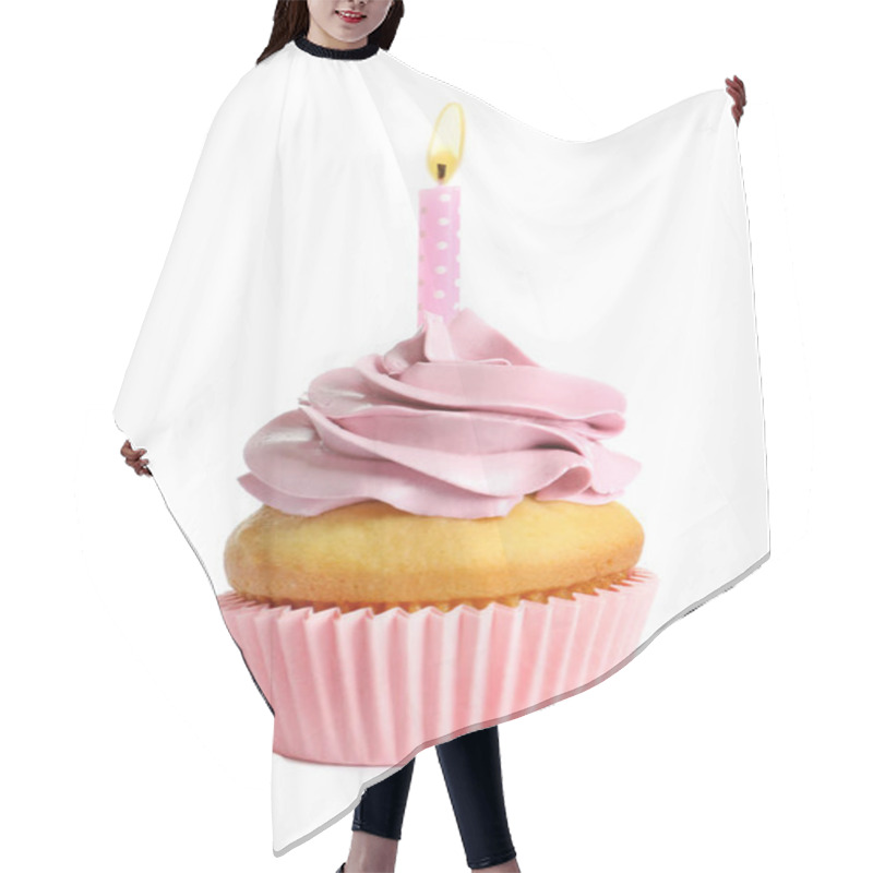 Personality  Delicious Birthday Cupcake With Candle On White Background Hair Cutting Cape