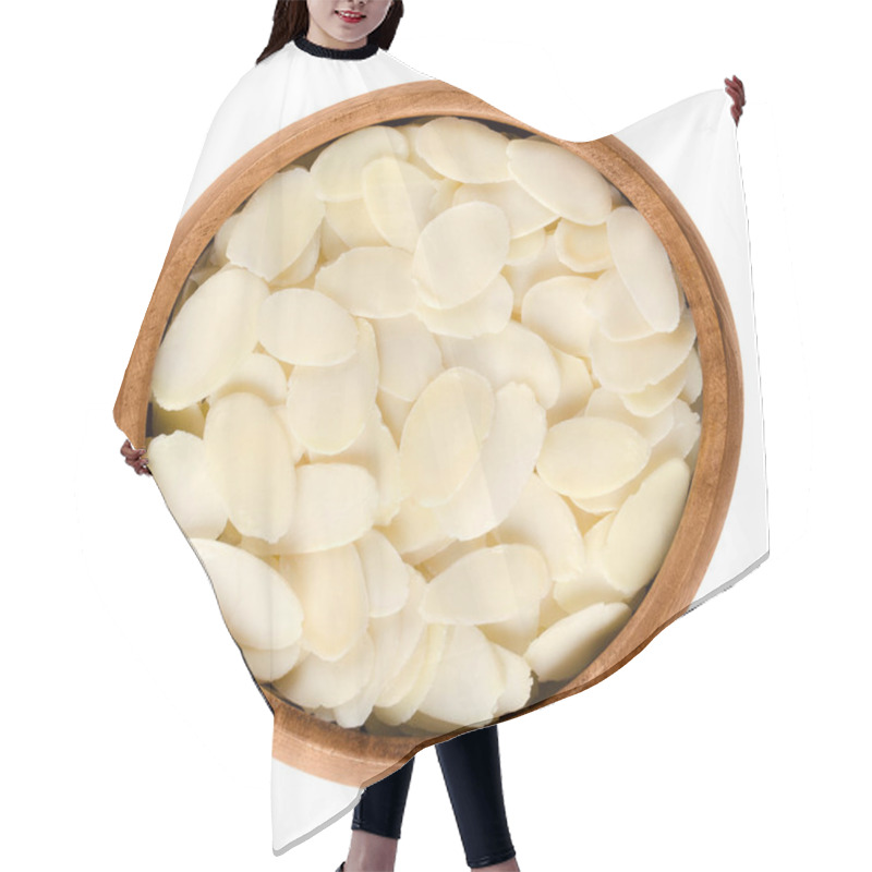 Personality  Sliced Blanched Almonds In Wooden Bowl Over White Hair Cutting Cape