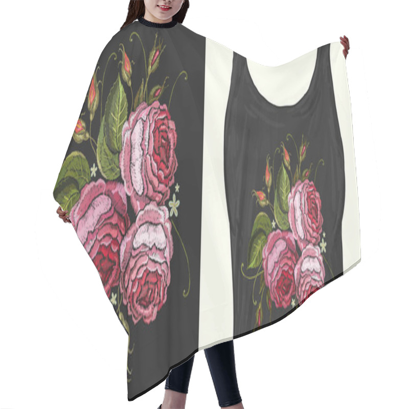 Personality  Embroidery. Beautiful Pink Roses Classical On Black Background Hair Cutting Cape