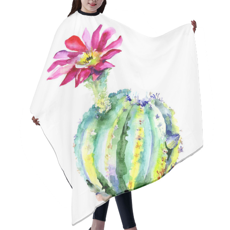 Personality  Green Cactus With Pink Flower. Watercolour Drawing Fashion Aquarelle Isolated. Isolated Cacti Illustration Element. Hair Cutting Cape