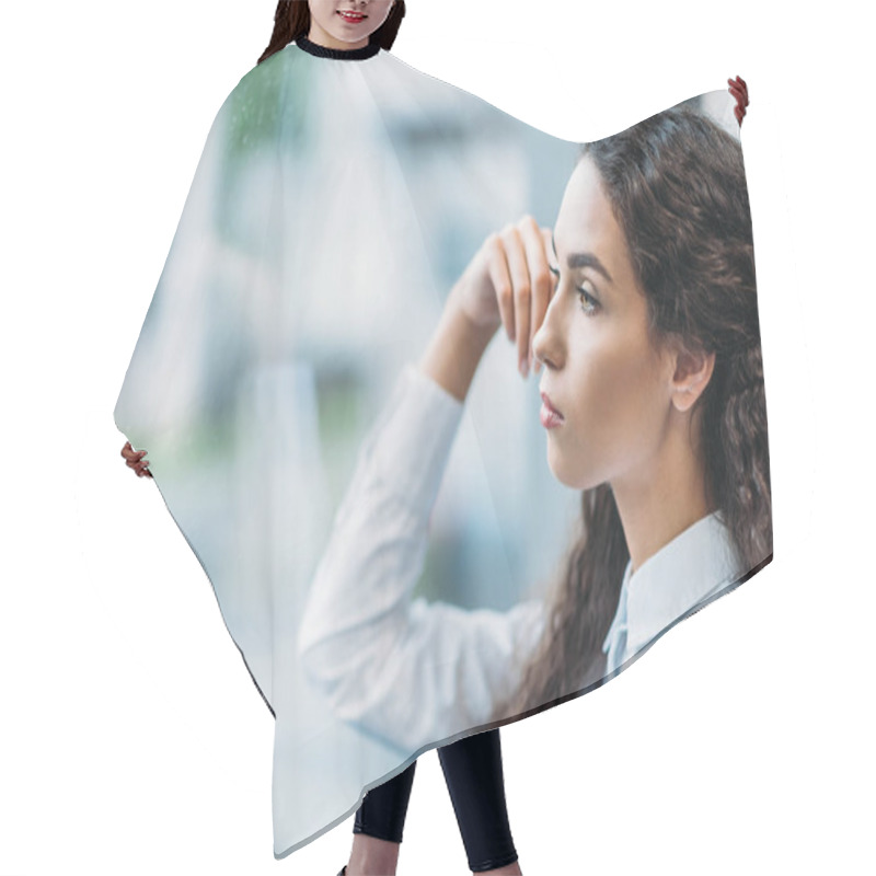 Personality  Pensive Brunette Businesswoman Hair Cutting Cape