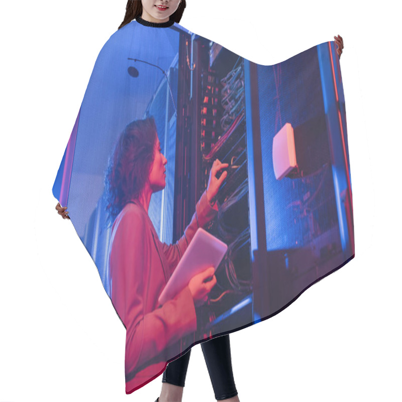 Personality  Young Technician Holding Digital Tablet While Checking Wires In Server In Data Center Hair Cutting Cape