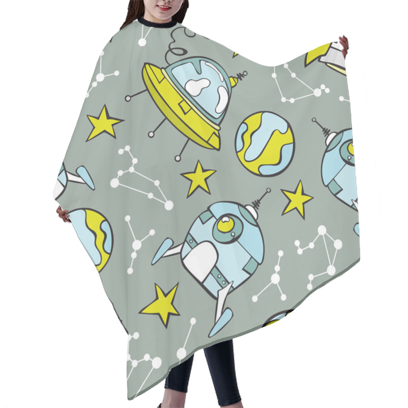 Personality  Space Print. Rocket, Flying Saucer, Planets And Stars. Seamless Vector Pattern (background). Hair Cutting Cape