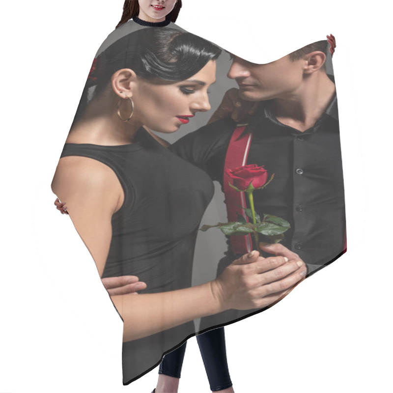 Personality  Handsome Tango Dancer Gifting Red Rose To Attractive Partner Isolated On Grey Hair Cutting Cape