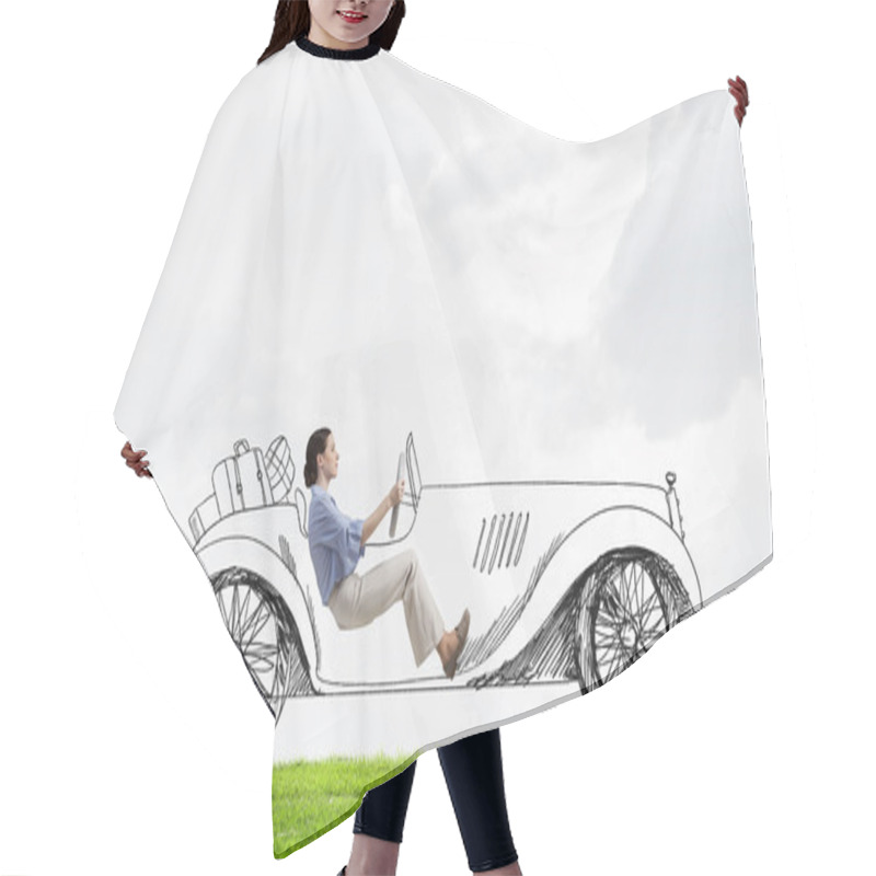 Personality  Woman Driving Old Styled Drawn Car . Mixed Media Hair Cutting Cape