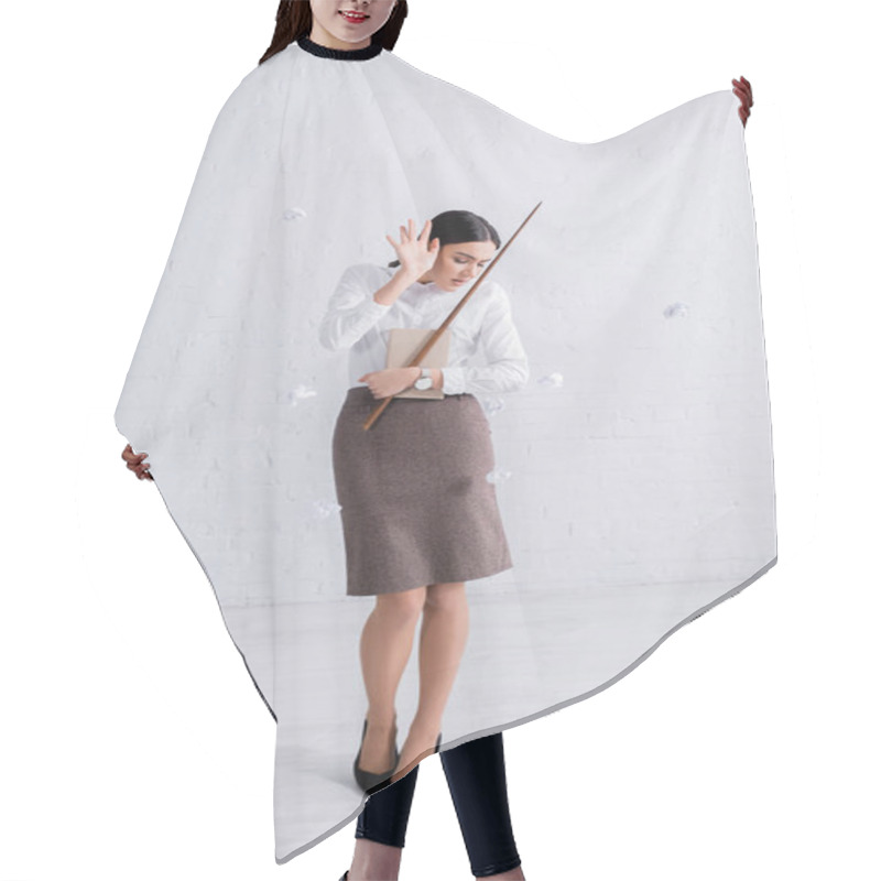 Personality  Young Teacher With Book And Pointer Standing Near Falling Crumpled Paper  Hair Cutting Cape