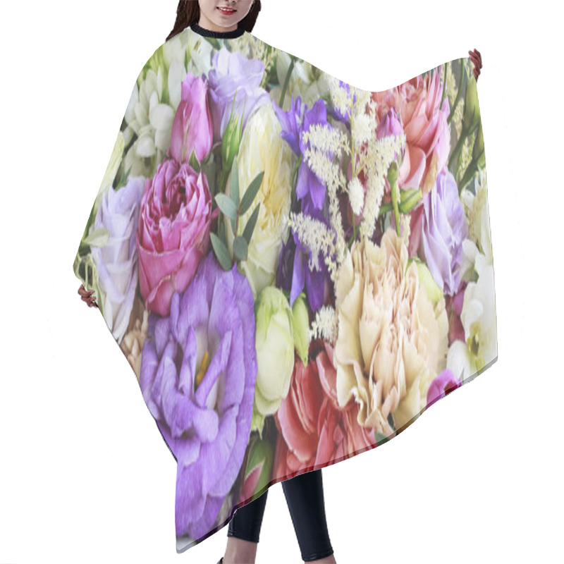 Personality  Flower Background With Rose, Eustoma, Carnation And Spiraea.  Hair Cutting Cape