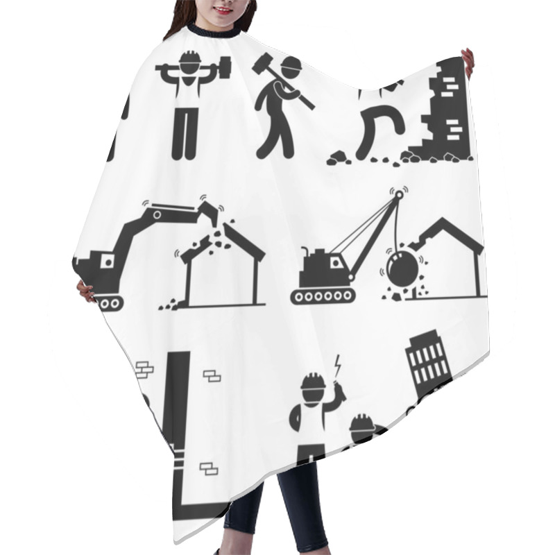 Personality  Demolition Worker Demolish Building Stick Figure Pictogram Icon Cliparts Hair Cutting Cape