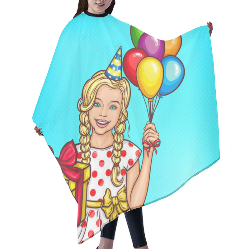 Personality  Vector Pop Art Smiling Little Girl Holding A Gift And Helium Balloons Hair Cutting Cape