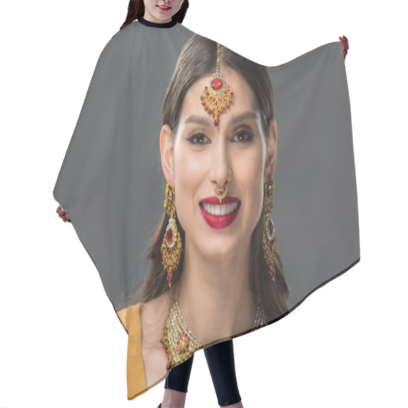 Personality  Happy Indian Woman Posing In Traditional Sari And Accessories, Isolated On Grey  Hair Cutting Cape