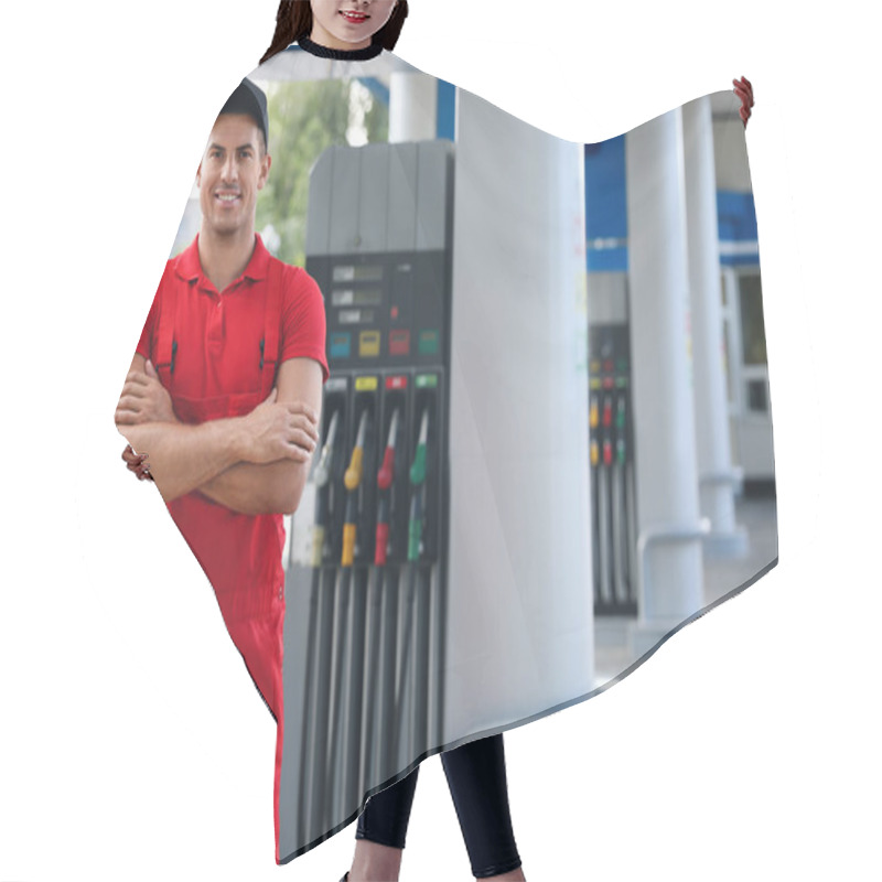 Personality  Worker In Uniform At Modern Gas Station Hair Cutting Cape