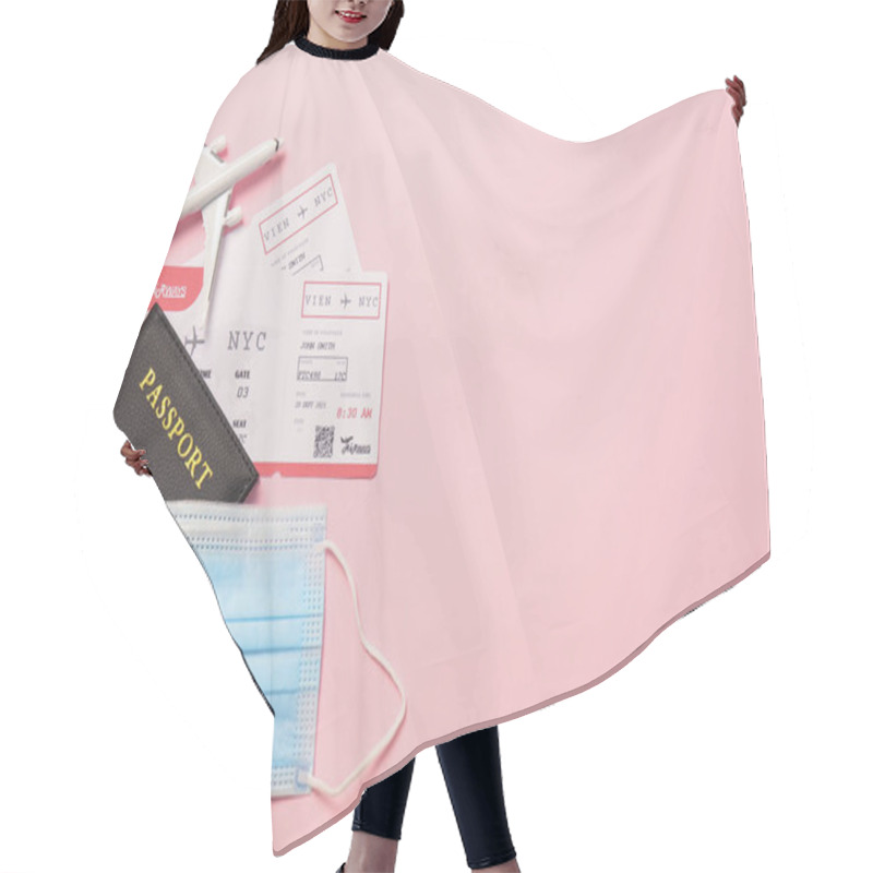 Personality  Flat Lay Composition With Passport And Protective Mask On Pink Background, Space For Text. Travel During Quarantine Hair Cutting Cape