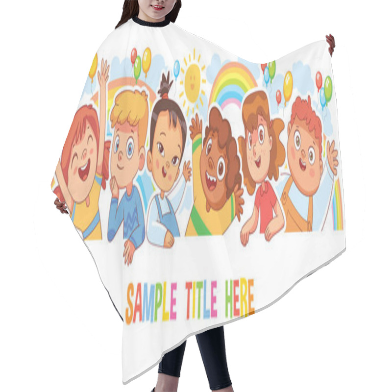 Personality  Happy Children Holding Poster. Funny Cartoon Character. Isolated On White Background Hair Cutting Cape