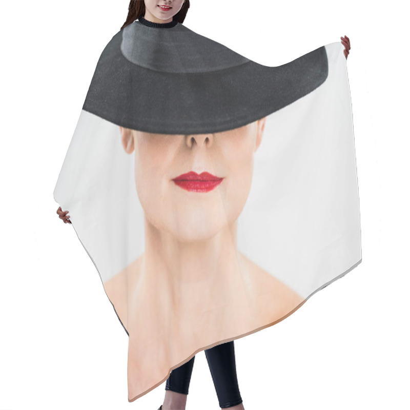 Personality  Middle Aged Elegant And Fashionable Woman With Red Lips In Black Hat Isolated On Grey  Hair Cutting Cape