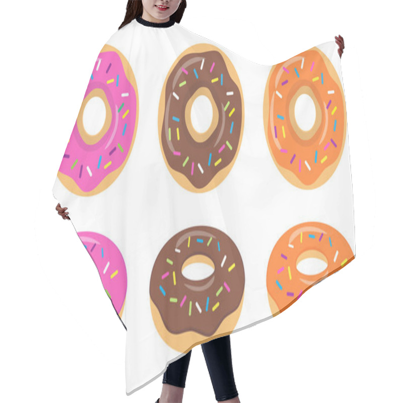 Personality  Colorful Pink, Chocolate, Orange Glazed Donut Set On White Background. The View From The Top And From The Side. Hair Cutting Cape