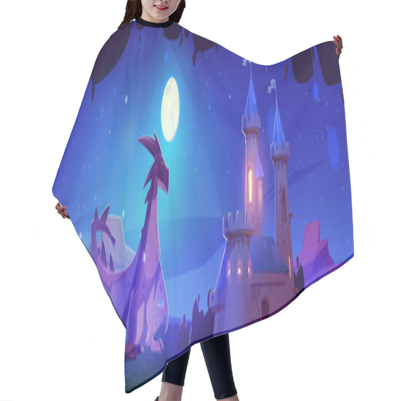 Personality  Large Dragon Sits Near Medieval Castle At Night Under Moonlight. Fantasy Dangerous Animal With Wings And Tail Beside Royal Palace At Dusk. Cartoon Vector Fairy Tale Landscape With Kingdom And Creature Hair Cutting Cape