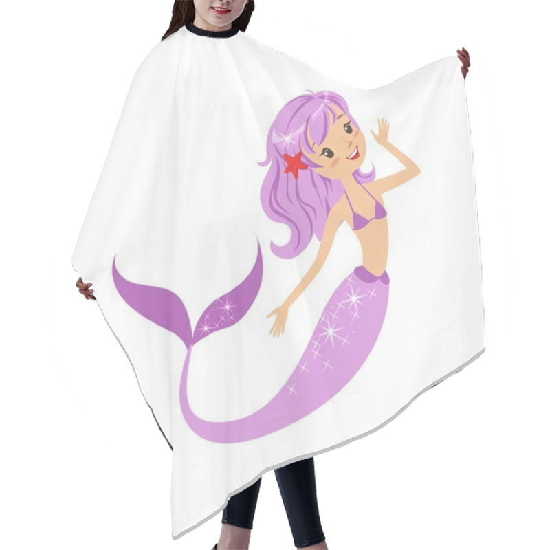 Personality  Colorful Mermaid Character With Purple Hair And Long Fish Tail. Happy Mythical Girl Swimming Underwater. Sea And Ocean Concept. Isolated Flat Vector. Hair Cutting Cape