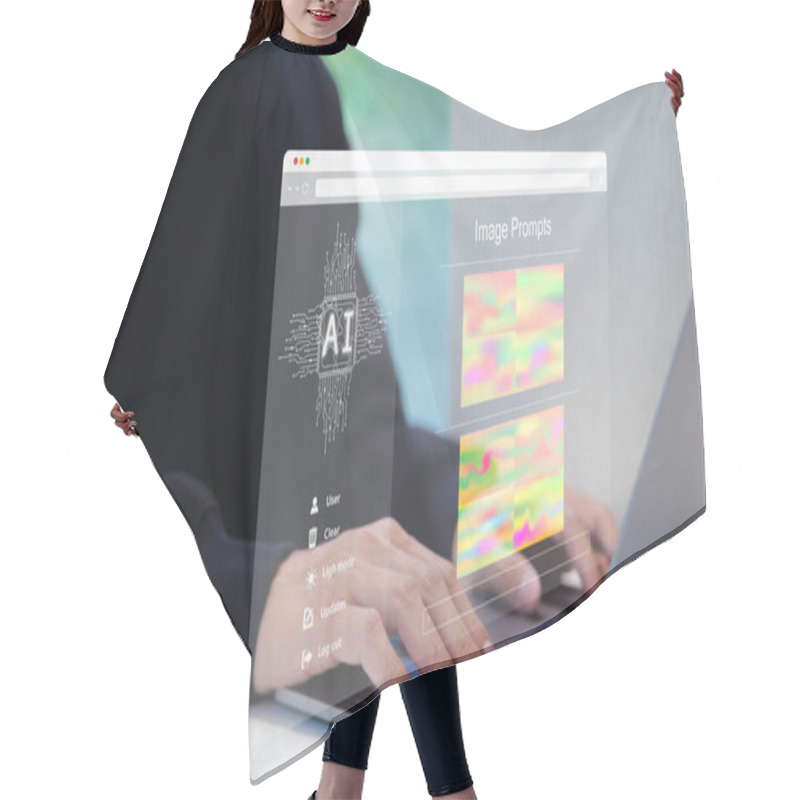 Personality  AI Prompt Image Generator Technology. Use AI Software On Laptop To Generate Images, Futuristic User Interface. Screen With Visual Prompts. Creation Photo By Artificial Intelligence. Graphics Design Hair Cutting Cape