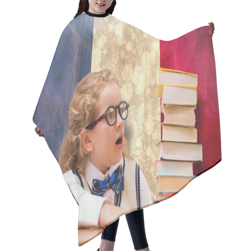 Personality  Composite Image Of Surprise Pupil Looking At Books Hair Cutting Cape