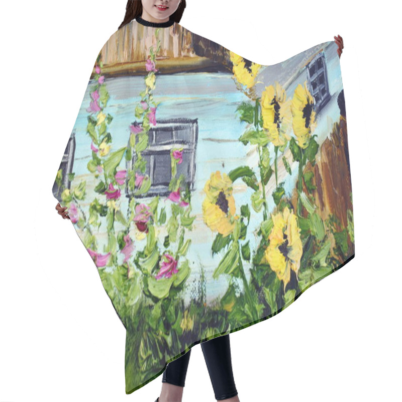 Personality  Oil Painting Village House. Drawing Paints A Rustic Motif. Hair Cutting Cape