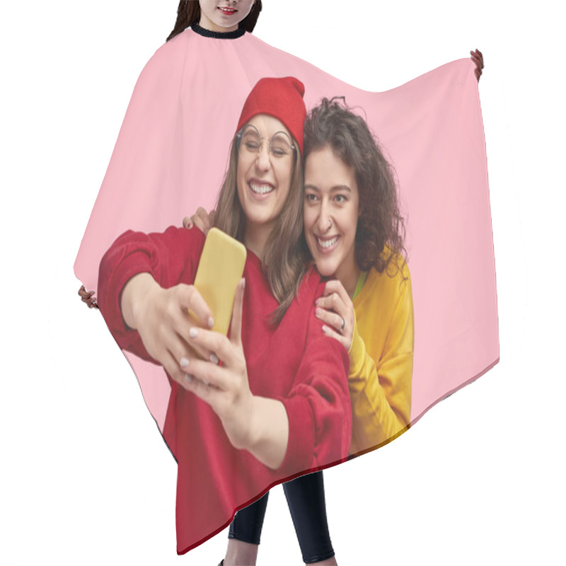 Personality  Cheerful Hipsters Taking Selfie Hair Cutting Cape