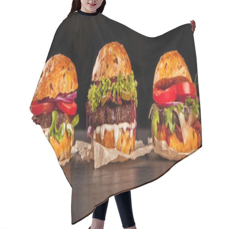 Personality  Fresh Home-made Hamburgers Served On Stone Hair Cutting Cape