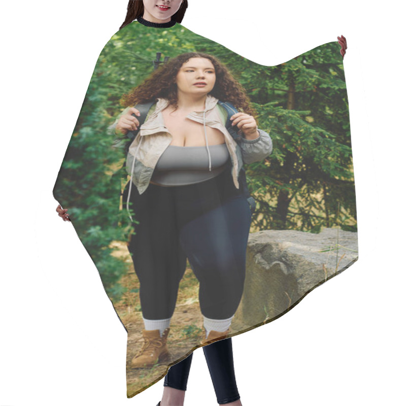 Personality  A Beautiful Plus Size Woman Enjoys A Leisurely Walk Through A Lush, Green Forest, Embracing Nature. Hair Cutting Cape