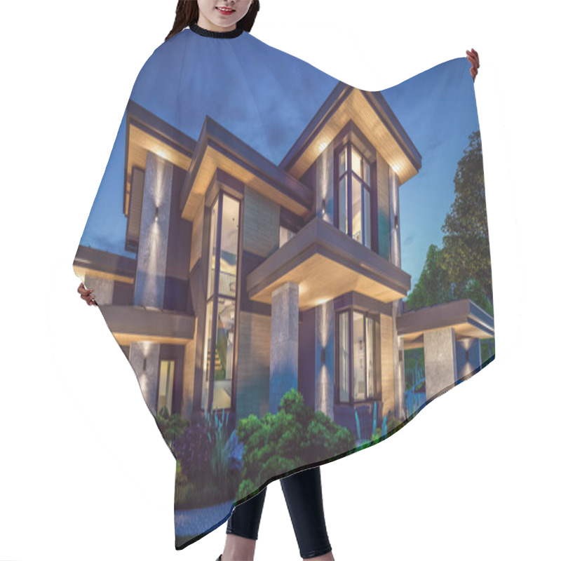 Personality  3d Rendering Of Modern Two Story House With Gray And Wood Accents, Large Windows, Parking Space In The Right Side Of The Building. Clear Summer Night With Many Stars On The Sky. Hair Cutting Cape