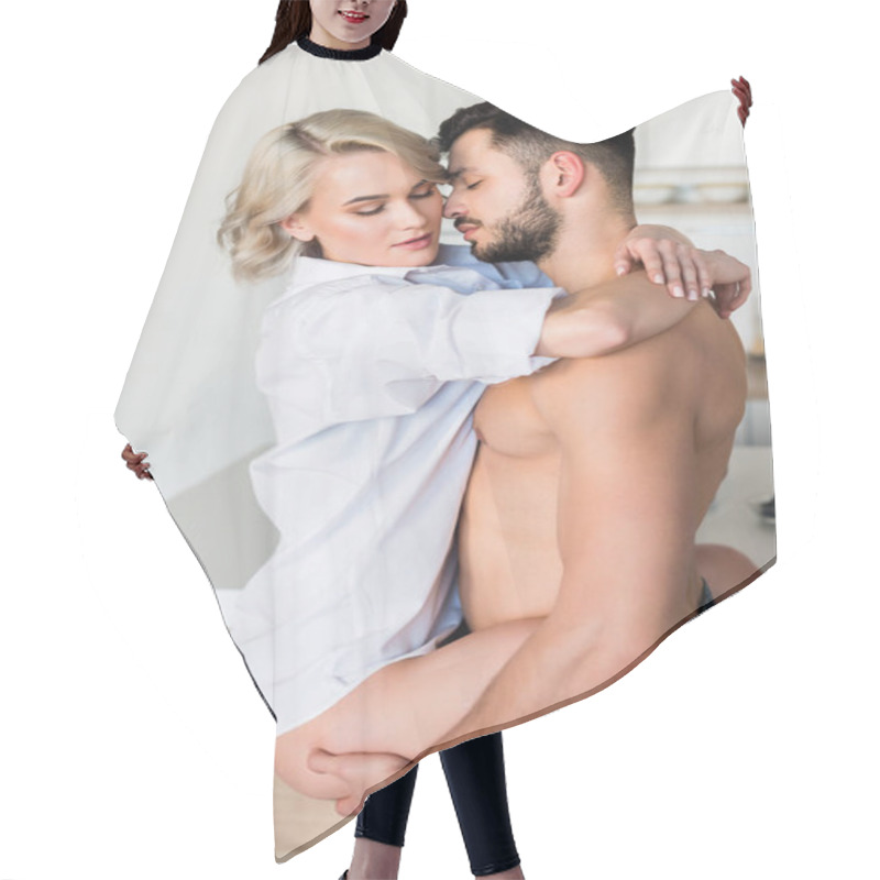 Personality  Handsome Shirtless Young Man Hugging Sexy Girlfriend In Kitchen  Hair Cutting Cape