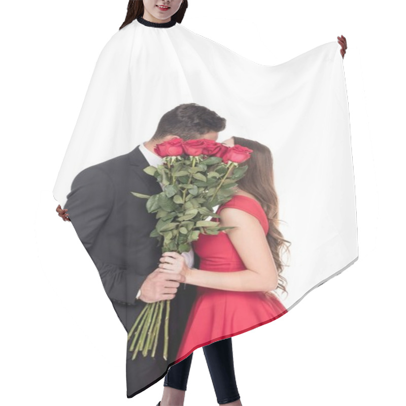 Personality  Heterosexual Couple Kissing And Covering Faces With Bouquet Isolated On White Hair Cutting Cape