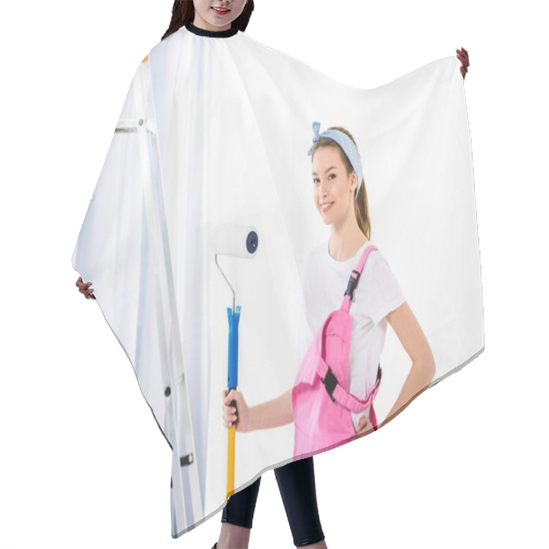 Personality  Smiling Girl Standing With Paint Roller Brush Hair Cutting Cape