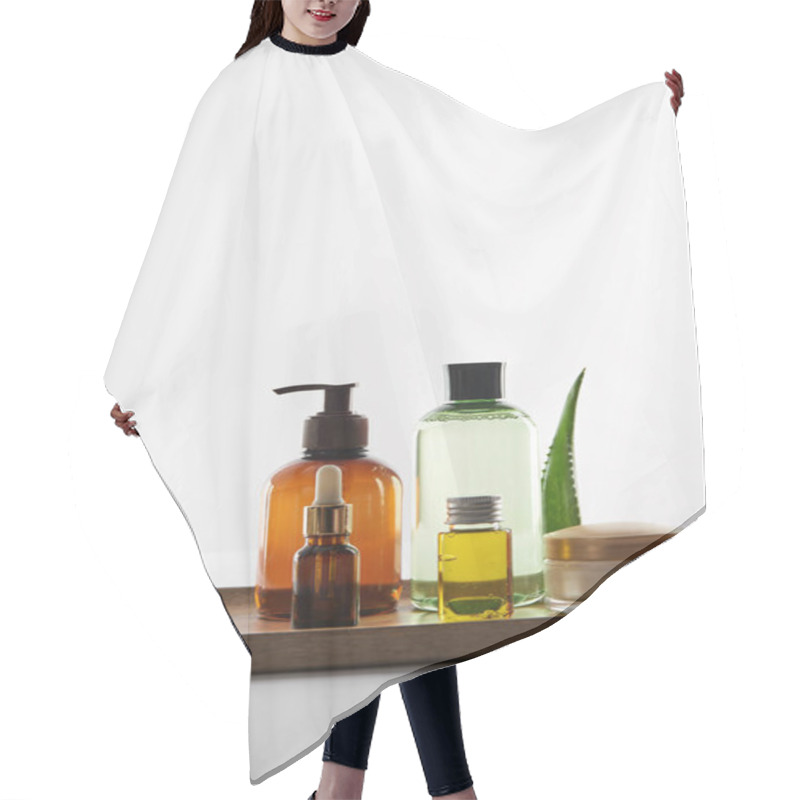 Personality  Wooden Tray With Various Cosmetic Containers And Aloe Vera Leaf On White Background Hair Cutting Cape