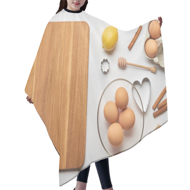 Personality  Top View Of Empty Wooden Chopping Board And Ingredients On Grey Background  Hair Cutting Cape