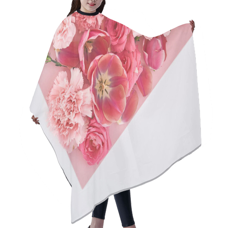 Personality  Top View Of Roses, Tulips And Carnations On Pink And White Background Hair Cutting Cape