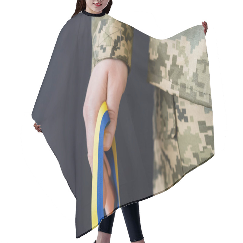 Personality  Partial View Of Military Woman Holding Blue And Yellow Ribbon Isolated On Black Hair Cutting Cape