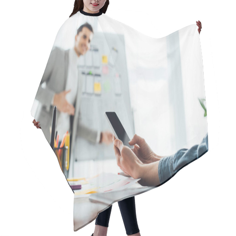 Personality  Selective Focus Of Ux Designer Looking At Colleague Near Whiteboard With Layouts In Office Hair Cutting Cape