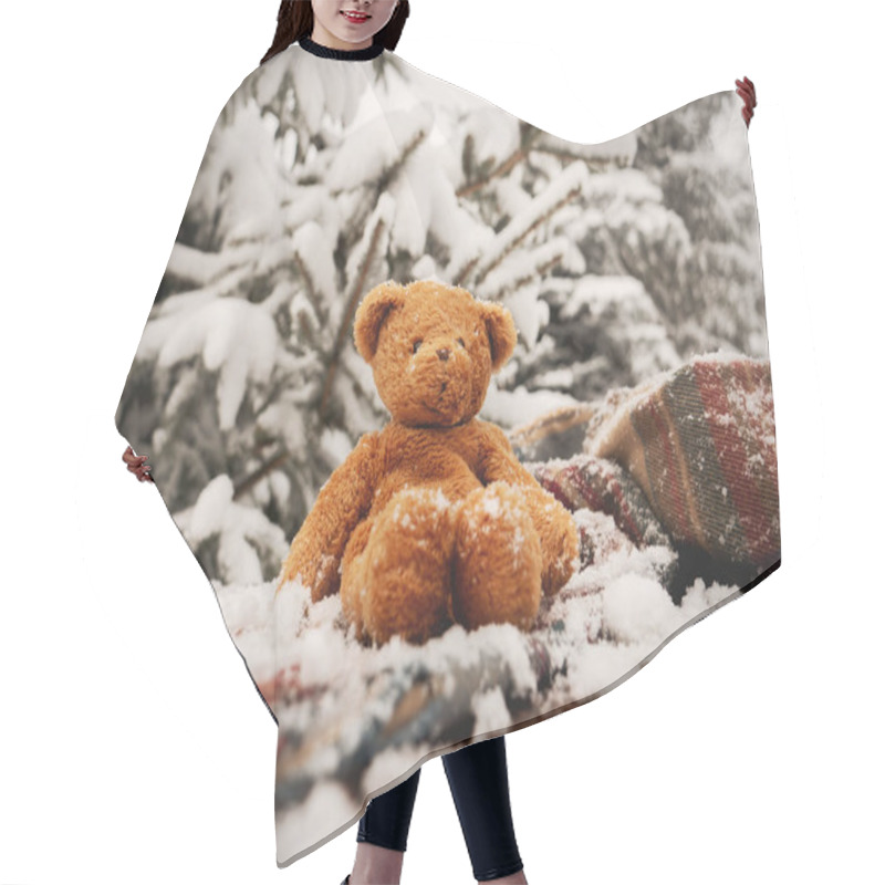 Personality  Teddy Bear Toy With Scarf In A Snow On Wooden Table Next To Pine Tree  Hair Cutting Cape