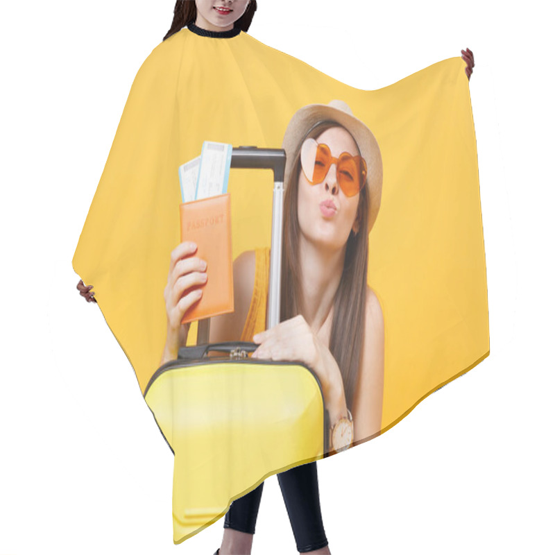 Personality  Fun Tourist Woman In Summer Casual Clothes, Hat, Orange Sunglasses With Suitcase, Passport Isolated On Yellow Background. Passenger Traveling Abroad To Travel On Weekends Getaway. Air Flight Concept Hair Cutting Cape