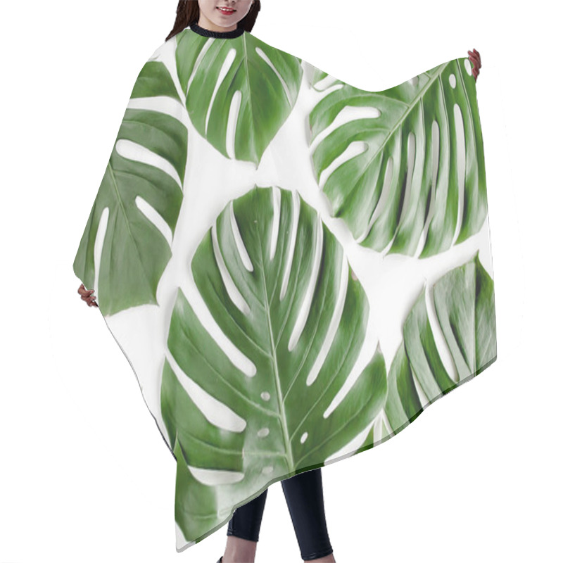 Personality  Tropical Palm Leaves Monstera On White Background. Flat Lay, Top View. Hair Cutting Cape