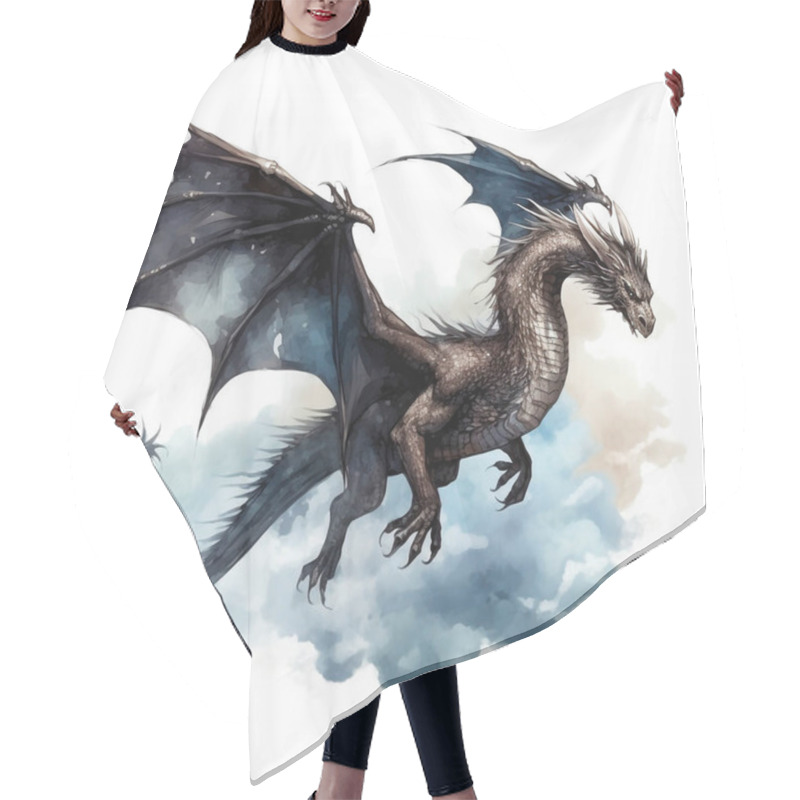 Personality  Watercolor Black Dragon Illustration Isolated On White Background. Dark Fairy Tale Dragons. Hair Cutting Cape